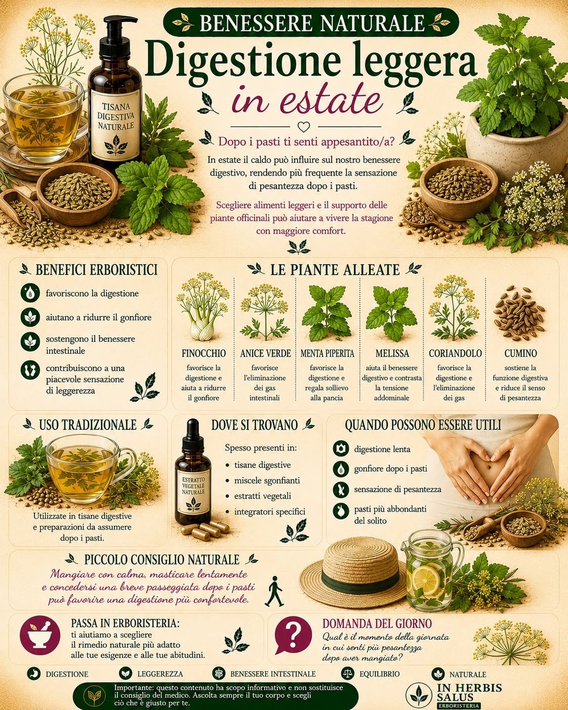 Infografica sulla tisana digestiva: finocchio, anice verde, menta piperita, melissa, coriandolo e cumino