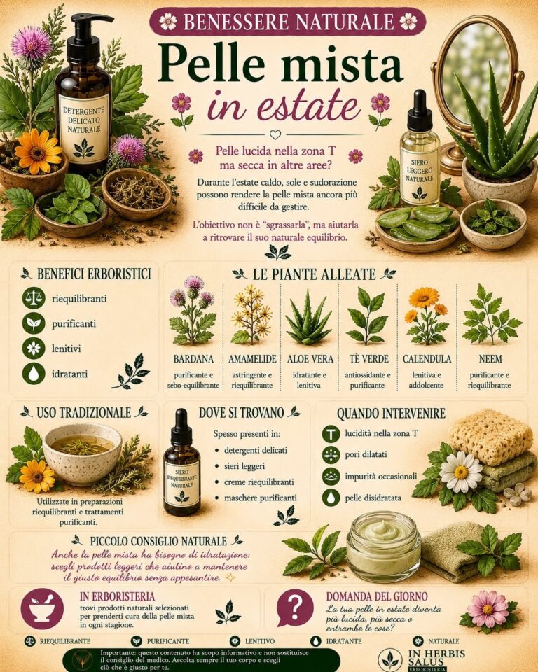 Infografica sulla pelle mista in estate: bardana, amamelide, aloe vera, tè verde, calendula e neem