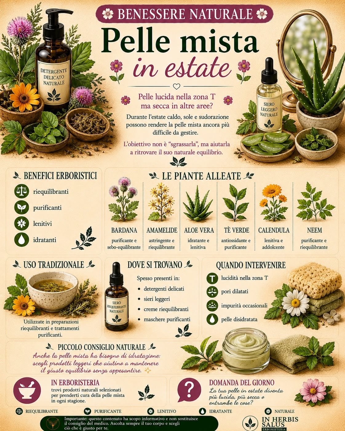 Infografica sulla pelle mista in estate: bardana, amamelide, aloe vera, tè verde, calendula e neem