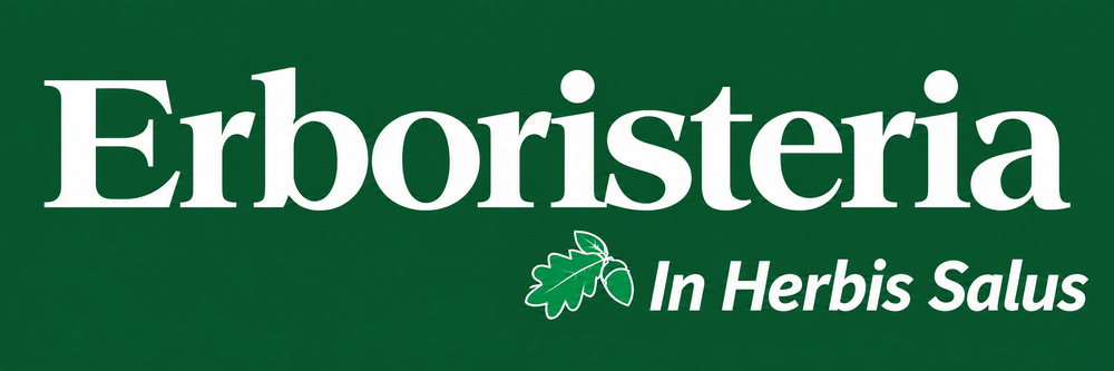 Logo Erboristeria In Herbis Salus su fondo verde, come l'insegna del negozio